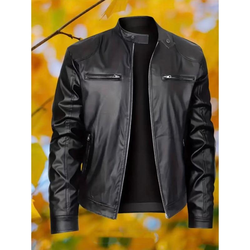 Herren Blaue Bikerjacke mit Stehkragen aus Kunstleder