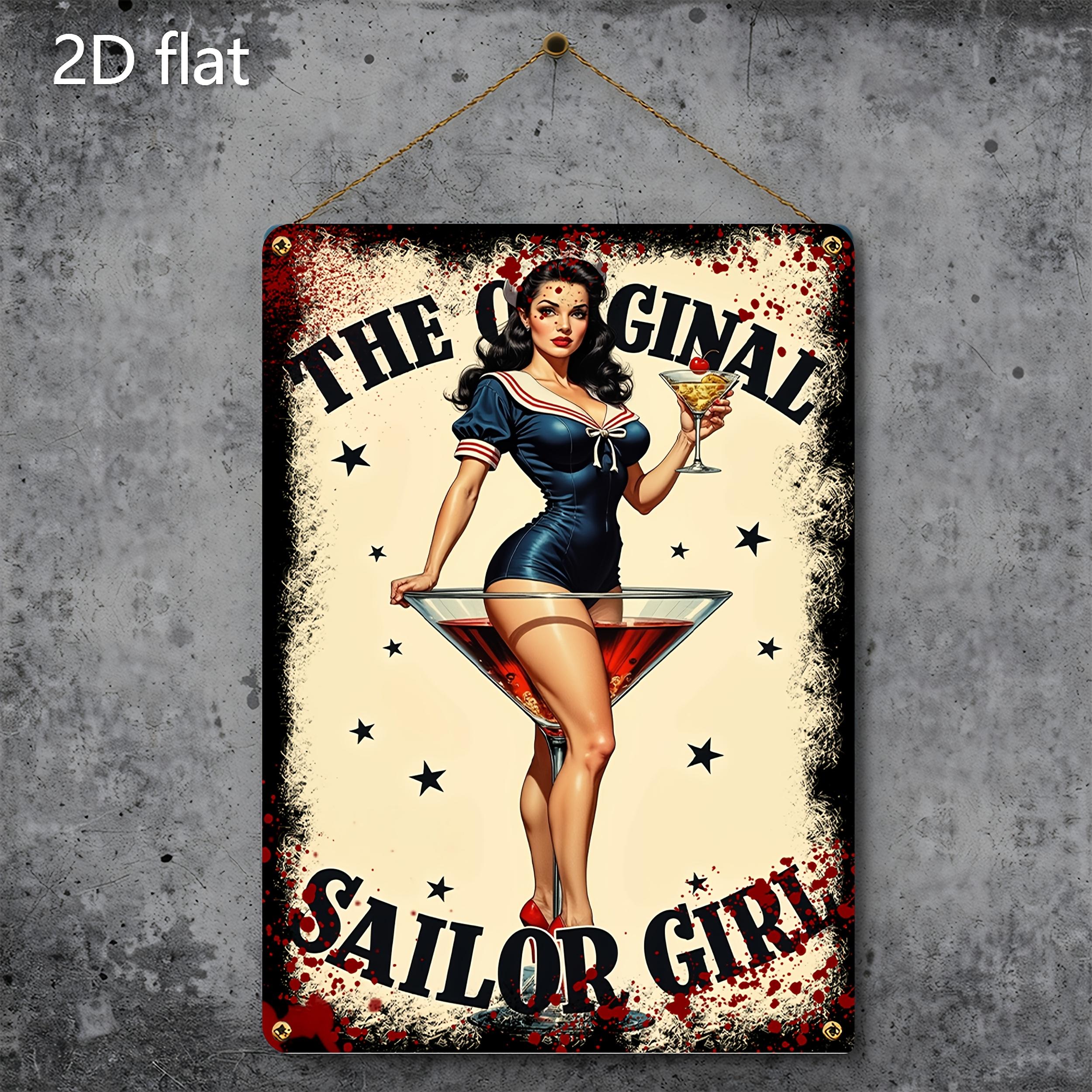 Винтажная жестяная табличка  Девушка-морячка  Настенный декор с мартини Ретро морской декор 20x30cm（7.8x11.8inch）