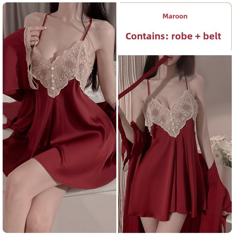 Loose Backless Pajamas Solid Color Comfortable Suspender Skirt Lace-up Cardigan Robe Home Set