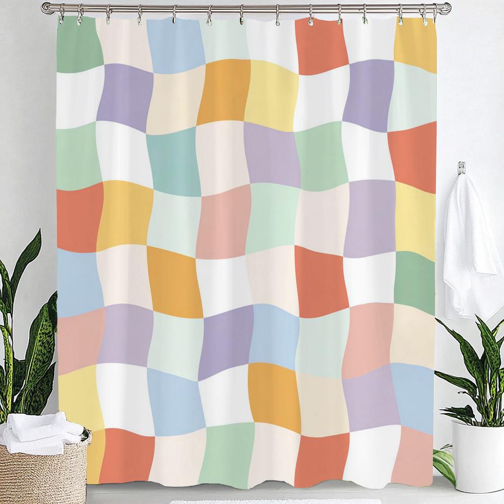Modern Plaid Grid Print Waterproof Shower Curtain Bathroom Curtain,Hanging Curtain 12 Hooks Decoration Machine Washable
