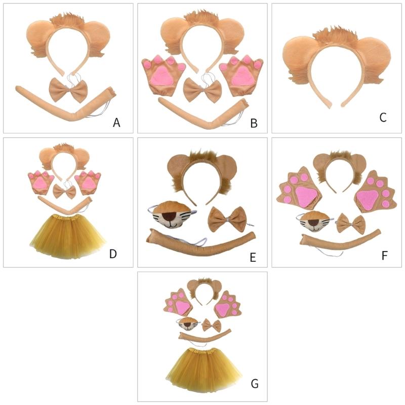 Halloween Lions Costume Set Lions Ear Hairband Lions Tail, Gloves and Bowtie for Kid Adult Halloween Cosplay Party