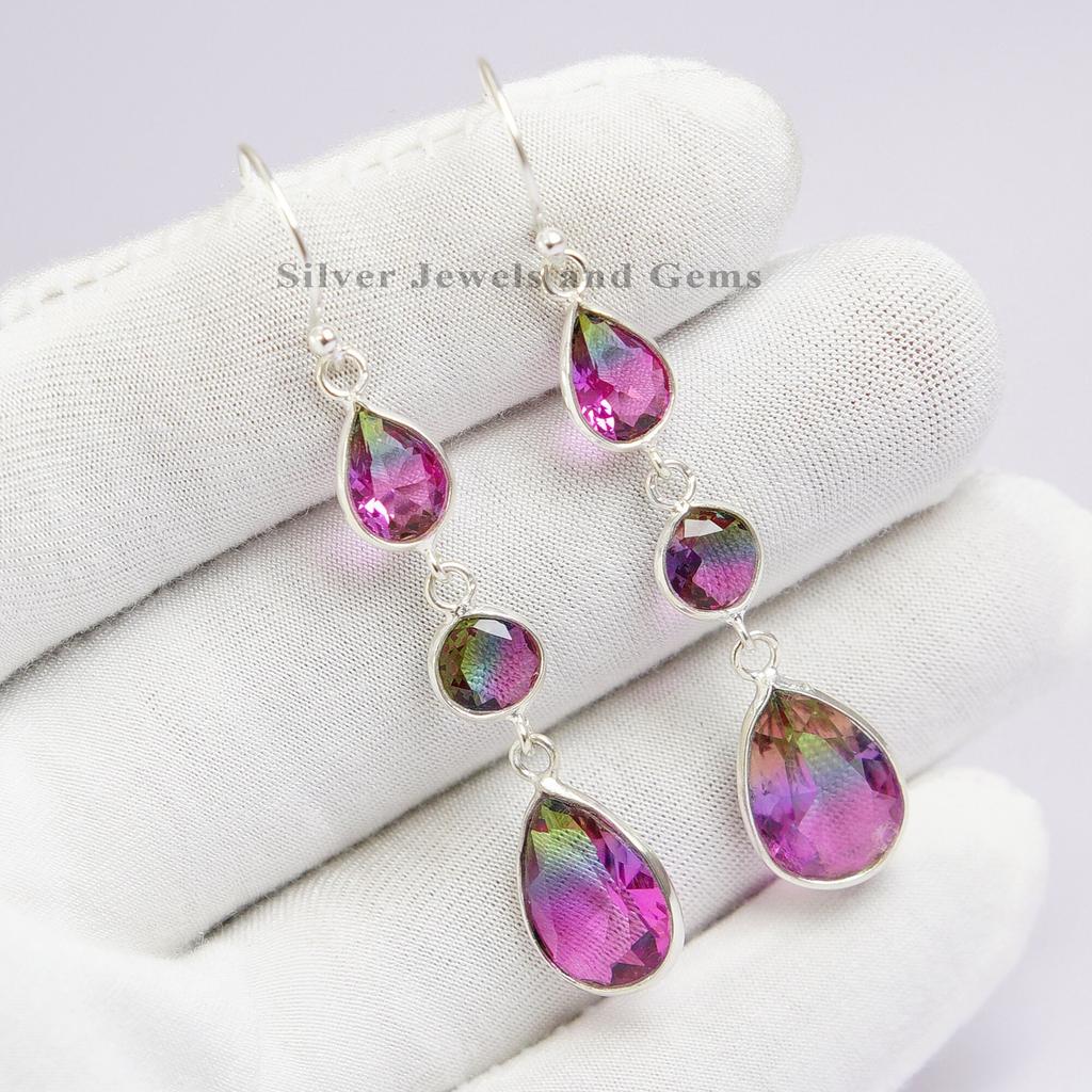 Watermelon Tourmaline Quartz Earrings, 925 Sterling Silver Dangle Earrings, Multi Stone Tourmaline Earrings, Gift for her, Birthday Gift