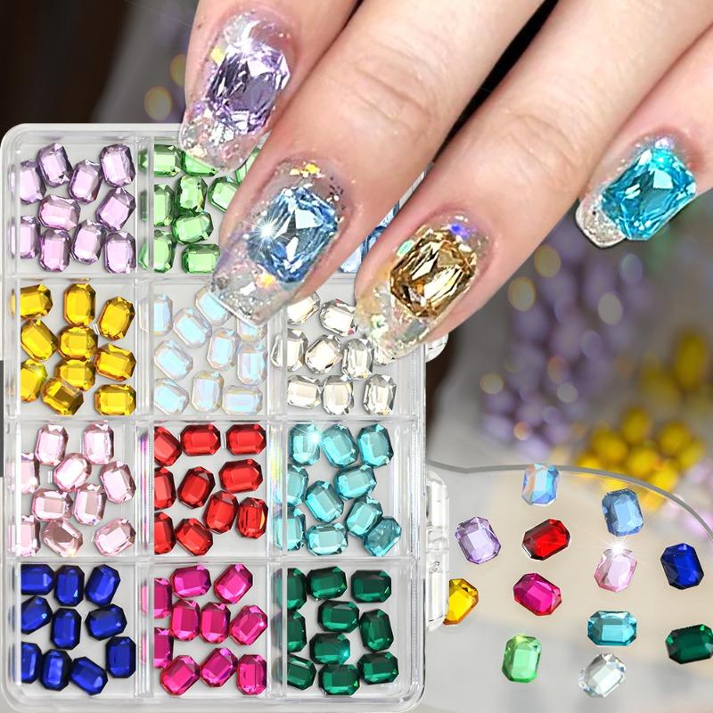 12Grids 120Pcs Colorful Transparent Octagon Nail Art Rhinestones,Sparkle Glass Flat Back Gems,3D DIY Manicure Accessories New