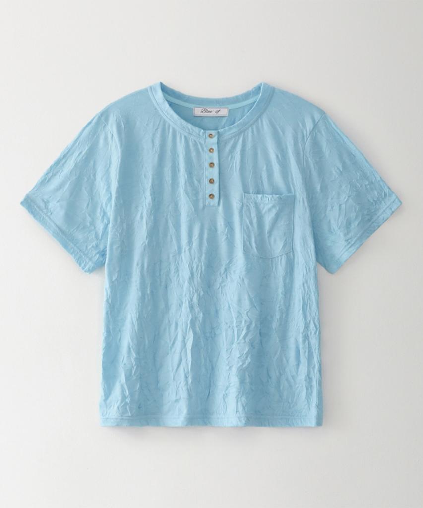 Beullusseonpeullawo Textured Henley Neck Short Sleeve T-Shirt [Blue]