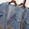 European Patchwork Denim Knitted Cardigan - Korean Style Women's Loose Sweater Coat