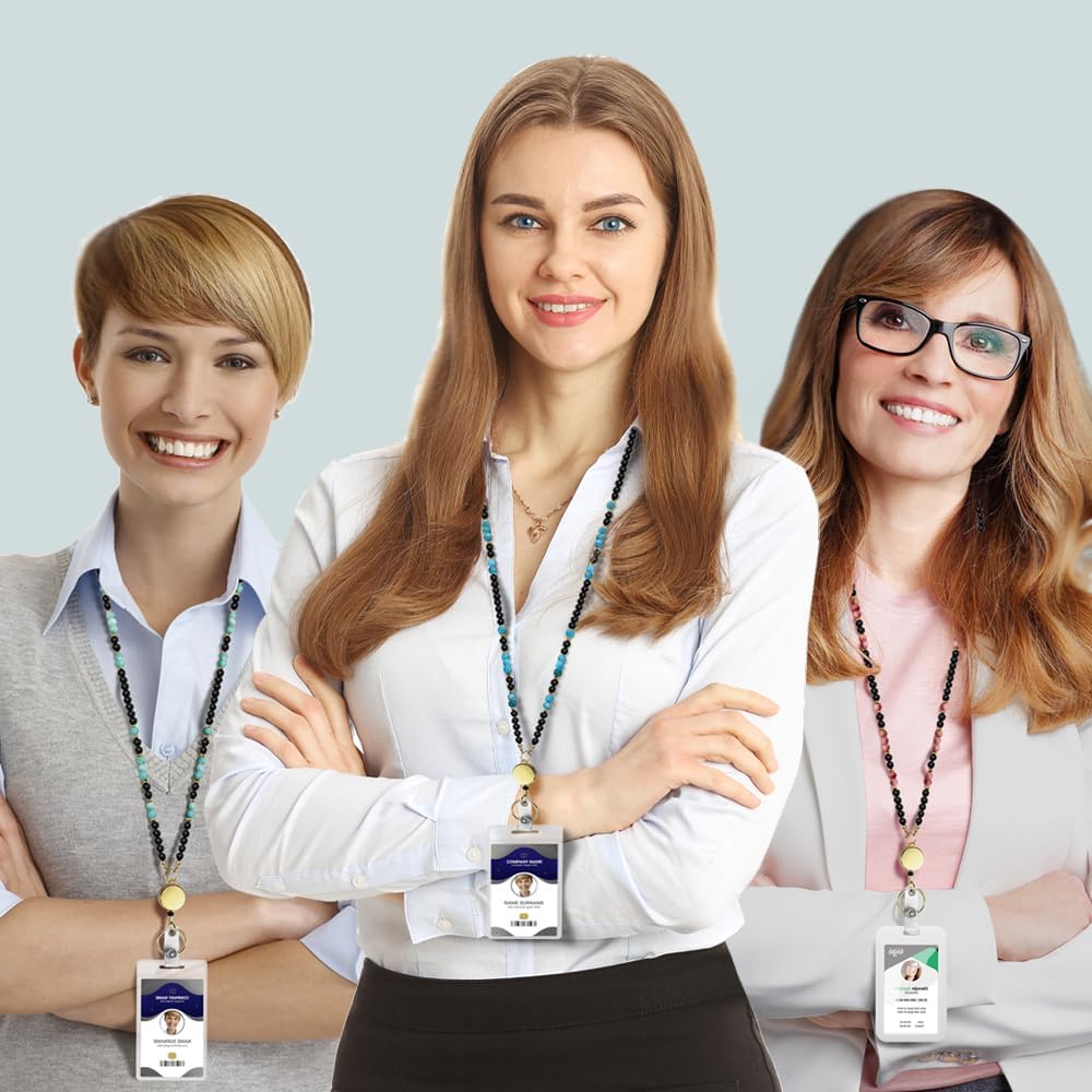 Lanyards for ID Badges for Women Cute,Teacher Lanyard for Women Retractable Natural Crystal Beaded Lanyards for Keys