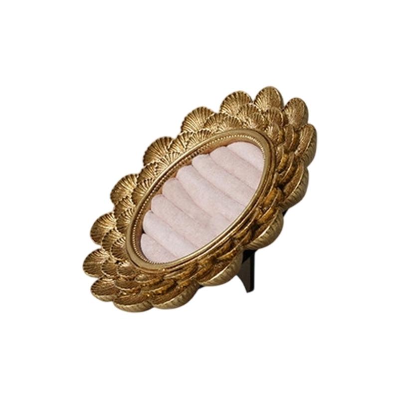 Vintage Jewelry Display Tray with Ring Slots, Gold Tone Oval Holder for Vanity Display and Photography Styling