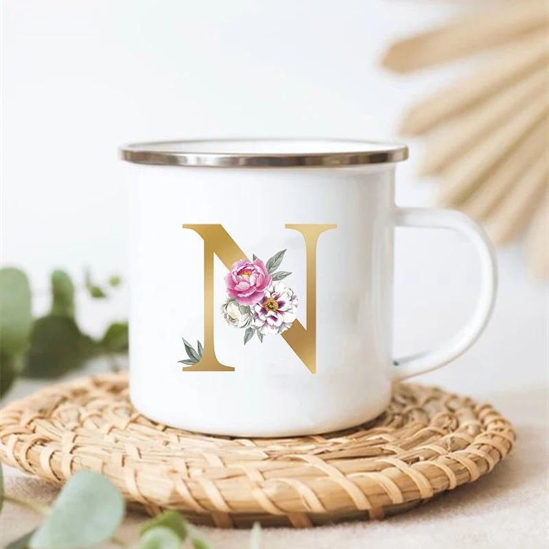 Letter Floral Print Vintage Enamel Mugs Creative Coffee Tea Cup Drink Dessert Milk Cups Handle Drinkware Wedding Bridesmaid Gift