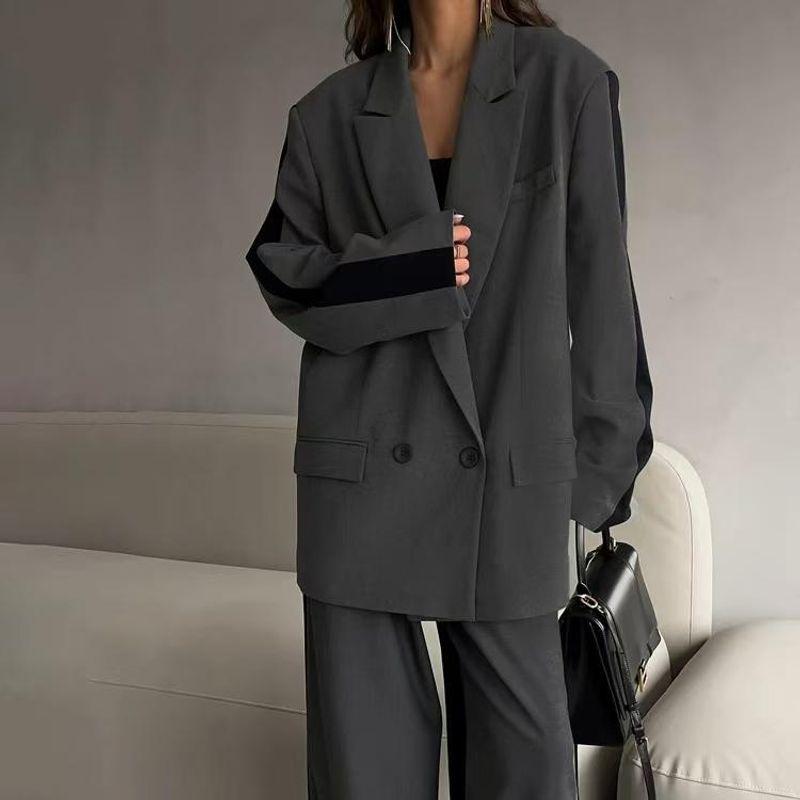 Fashion Wind Loose Contrast Color Long Sleeves Suit Pants Suit Loose Suit Wide Leg Pants Set