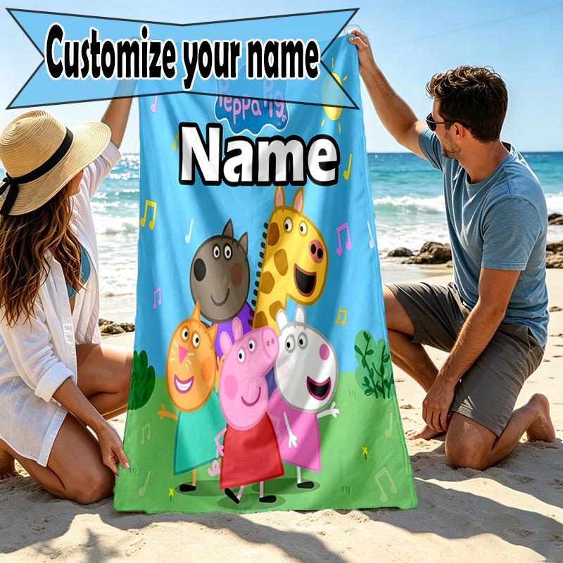 Custom Name Personalized Peppa Pig Print Beach Towel, for Trip Camping Beach Party Home Decor, Birthday Gift for Family & Friends