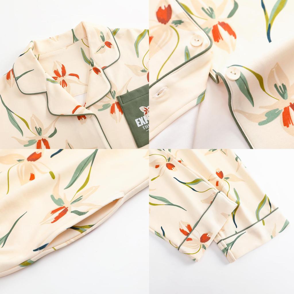 Kyonuza Cute Long Comfortable Relaxed School Size Women's Pajamas, 100% Cotton, Padded, Skin-Friendly, Open-Front, Loungewear, Spring/Autumn, Sleeves,