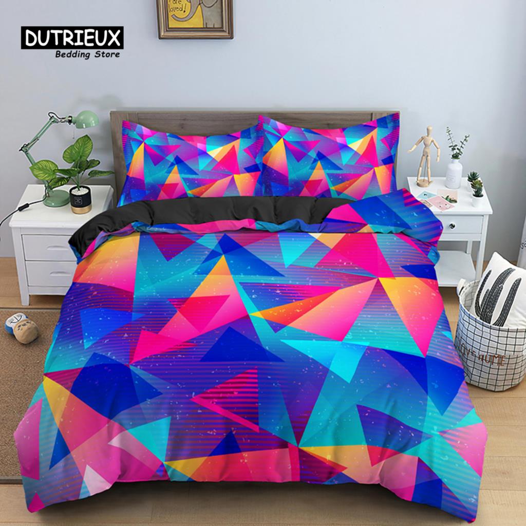 Psychedelic 3D Geometric Duvet Cover Modern Retro Neon Bedding Set Microfiber Colorful Abstract Quilt Cover Full For Kids Teen