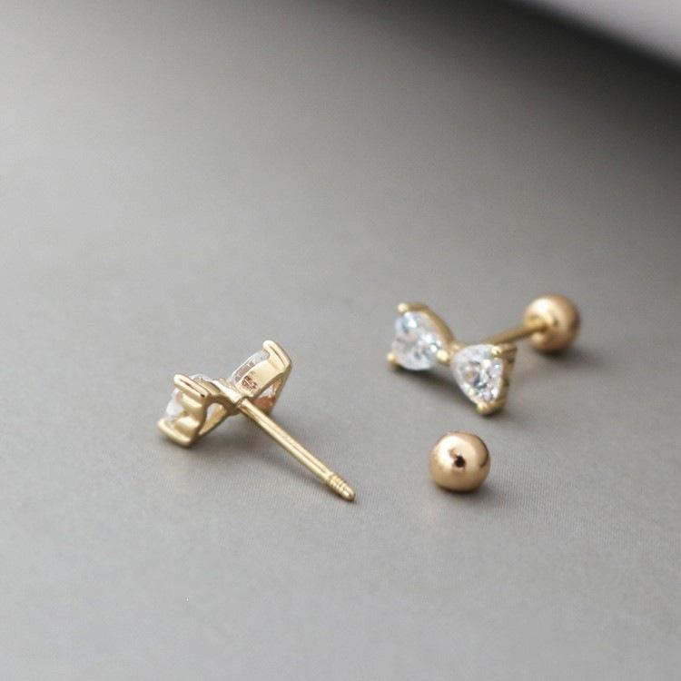 Fresh & Simple S925 Sterling Silver Earrings: 18K Gold Plated Bow Zirconia Stud & Screw-Back Ear Cuff