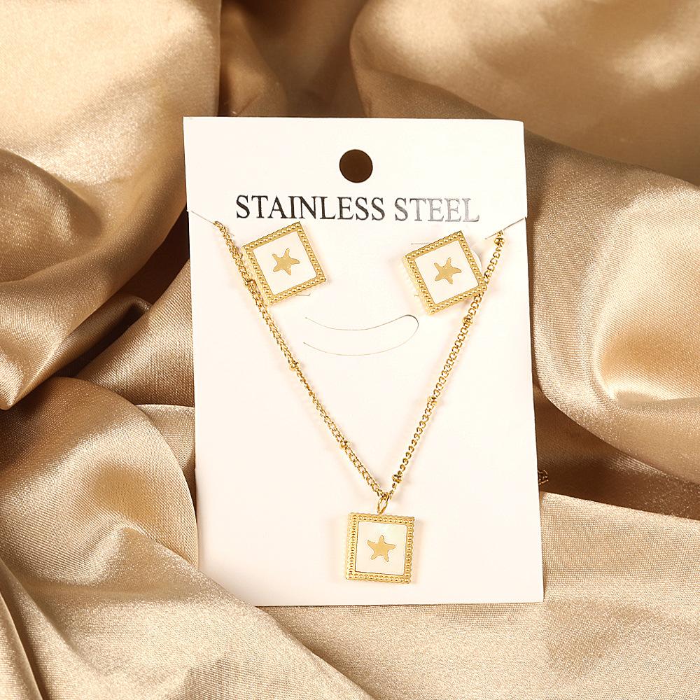 Stainless steel jewelry set niche design square white shell butterfly earrings necklace two-piece set