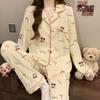 ins style girlish pajamas women's spring and autumn long-sleeved sweet bow full print casual loungewear set