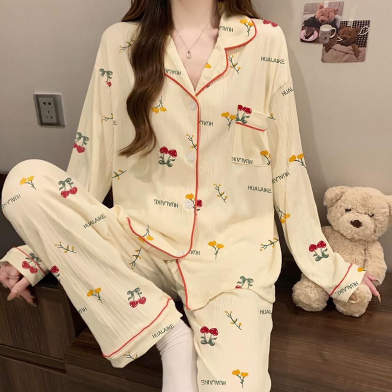 ins style girlish pajamas women's spring and autumn long-sleeved sweet bow full print casual loungewear set