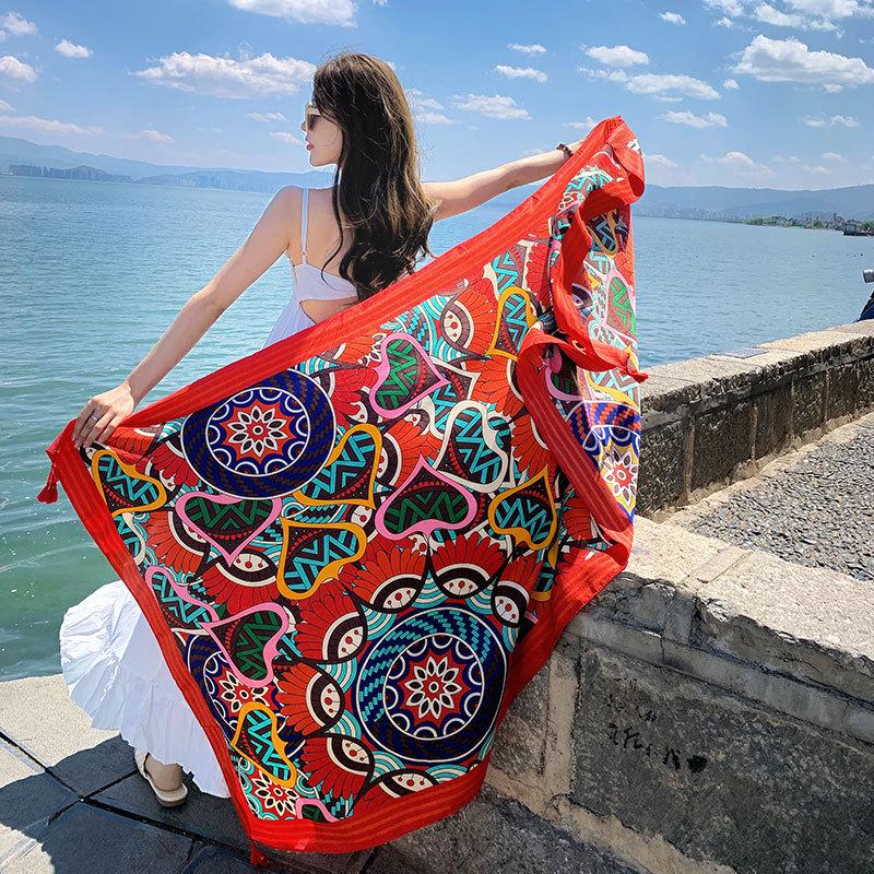 Ethnic Style Silk Scarf: Women's Sunscreen Shawl & Beach Towel