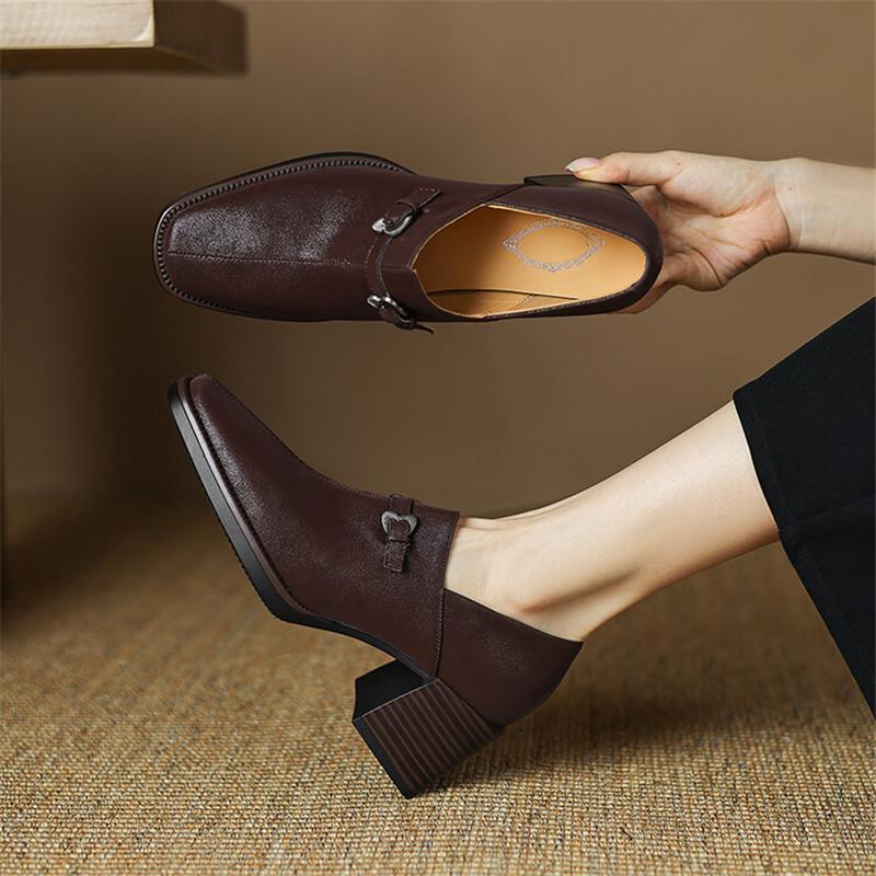 Fashion New Autumn Genuine Leather Women Shoes Fashion Square Toe Shoes for Women Thick Heel Loafers High Heel Women Pumps Zapatos Mujer
