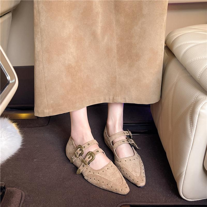 Inside Heightened Flat Single Shoes Autumn New Pointed Toe Shallow Mouth Slip Strap Rivet Non-Slip Low Top Shoes