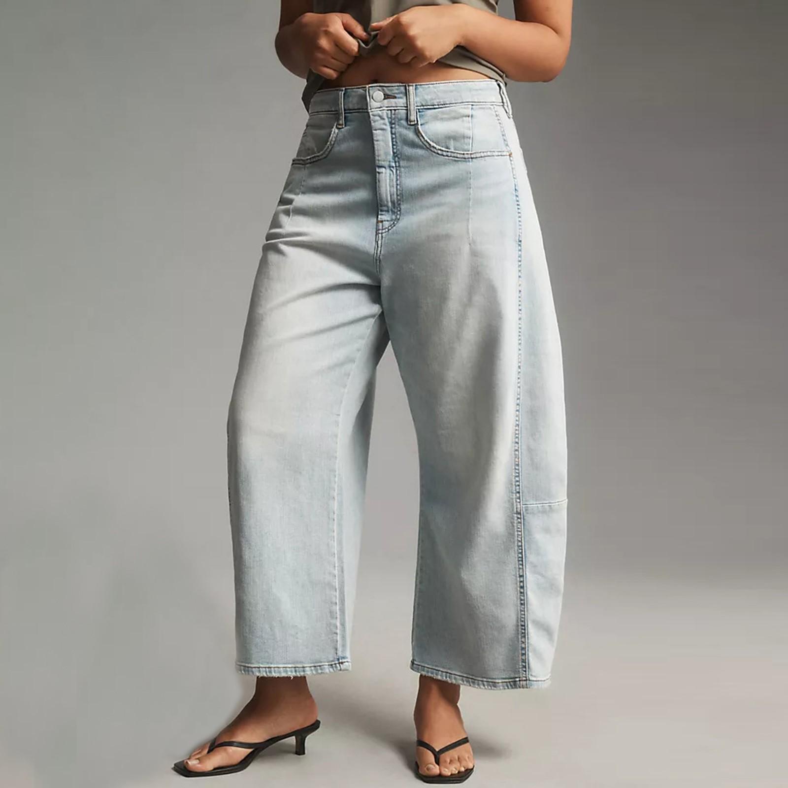

Женские модные однотонные стираные универсальные свободные прямые джинсы с высокой талией XL светло-синий