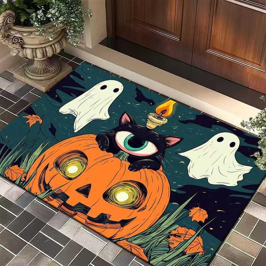 Halloween Themed Door Mat With Cute Ghost Black Cat Pumpkin Patterns Non Slip Washable Entrance Rug For Home Decor Indoor