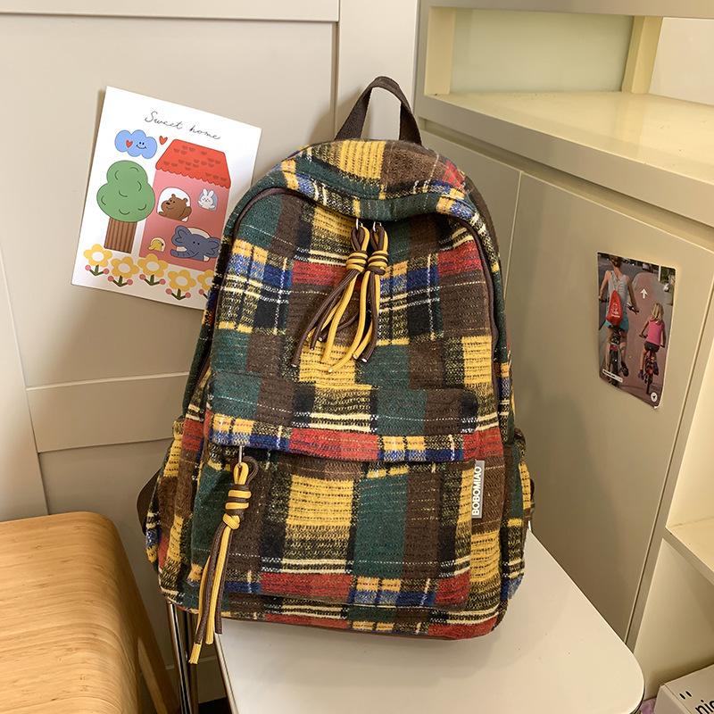 Autumn And Winter Retro Woolen Plaid Schoolbag College Style Junior High School Girls High Value Backpack