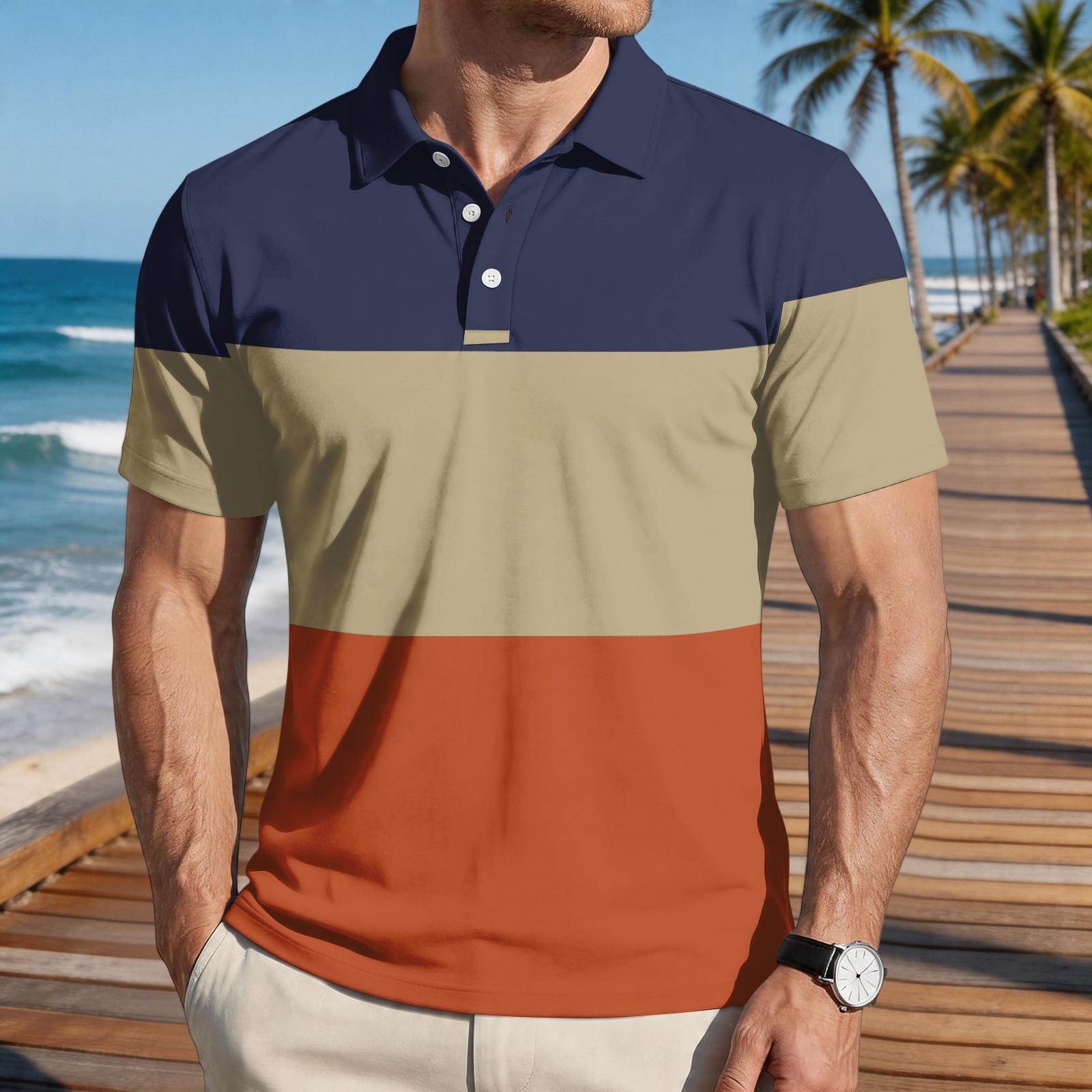 

Men Loose Fit Casual Striped Print Polo Shirt Short Sleeve Collared T Shirt Classic Button Placket Soft Fabric Top S