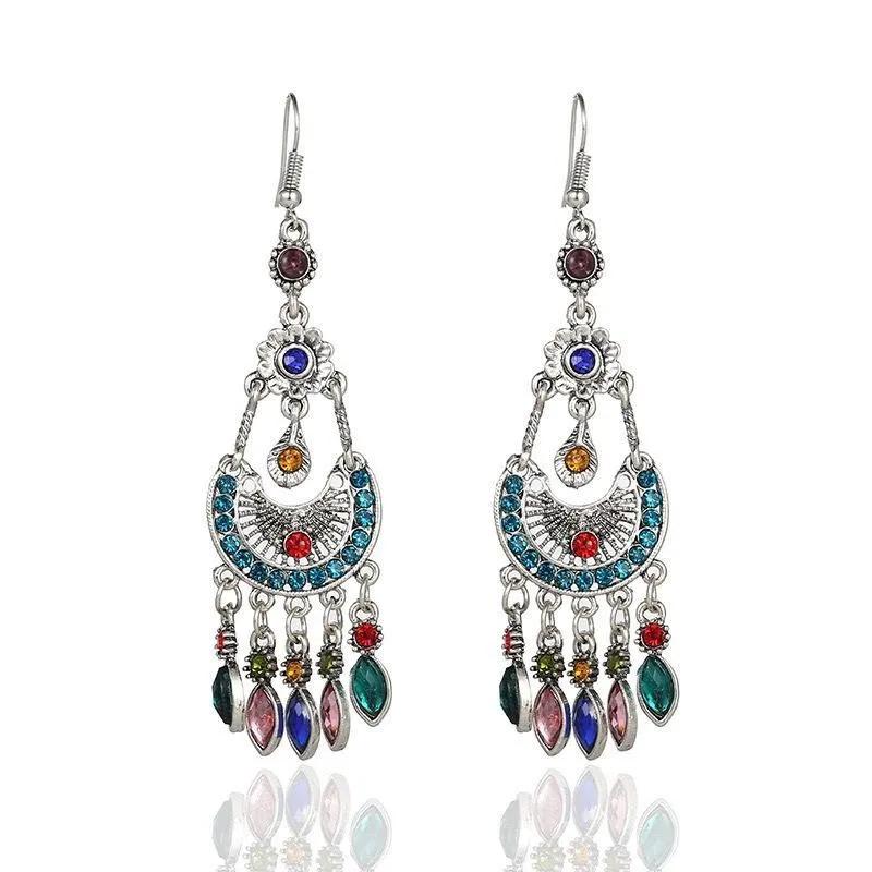 Bohemian Tassel Dangle Earrings Vintage Style Long Drop Earrings with Multi Gemstone Accents and Intricate Metalwork for Women One Size