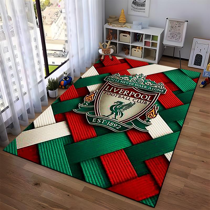 Liverpool Crest with Red & Green Weave Non-slip Rug Suitable for Living Room and Bedroom Sofas.