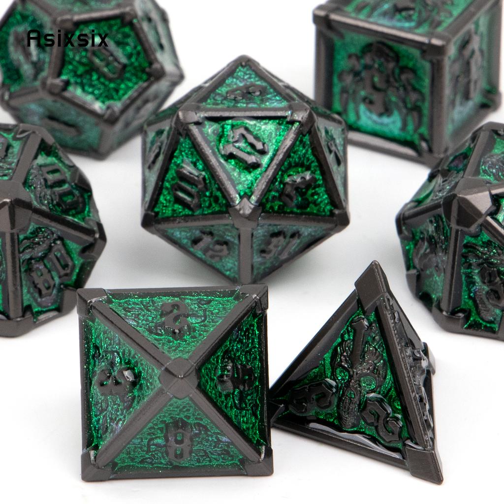 7 Pcs Black Green Skull Metal Dice Solid Metal Polyhedral Dice Set Suitable for Role-Playing RPG Board Game Card Game