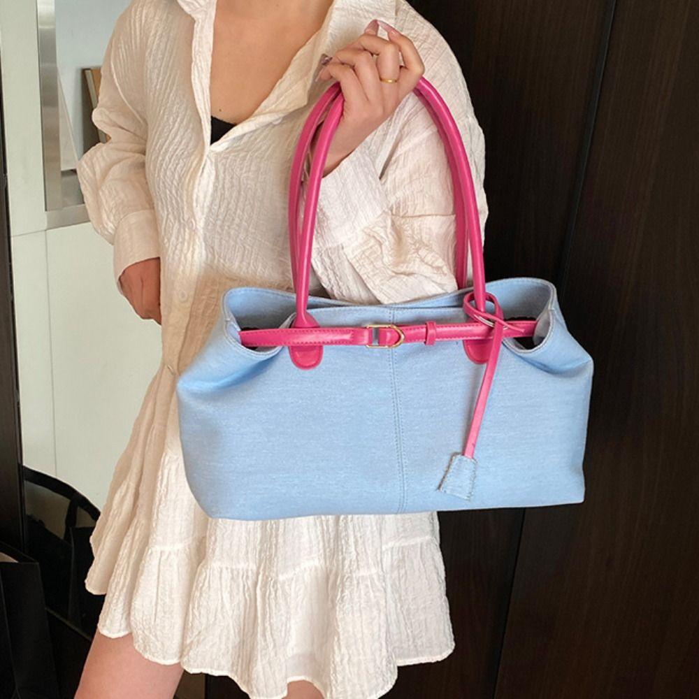 Hasp Closure Denim Shoulder Bag Patchwork Color Casual Tote Bag Simple Vintage Armpit Bag  Outdoor