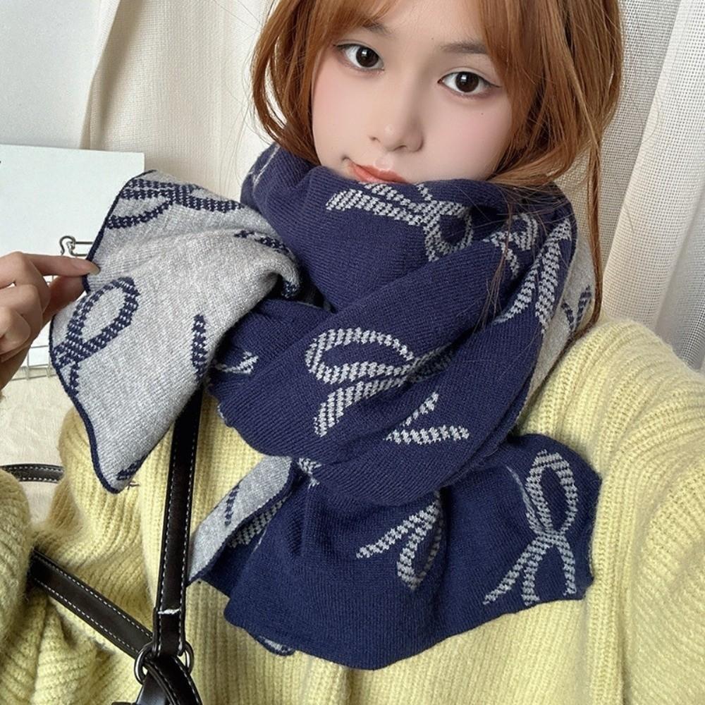 Korean Style Imitation Wool Scarf Two-sided Winter Shawl Fashion Bow Scarf  Gift