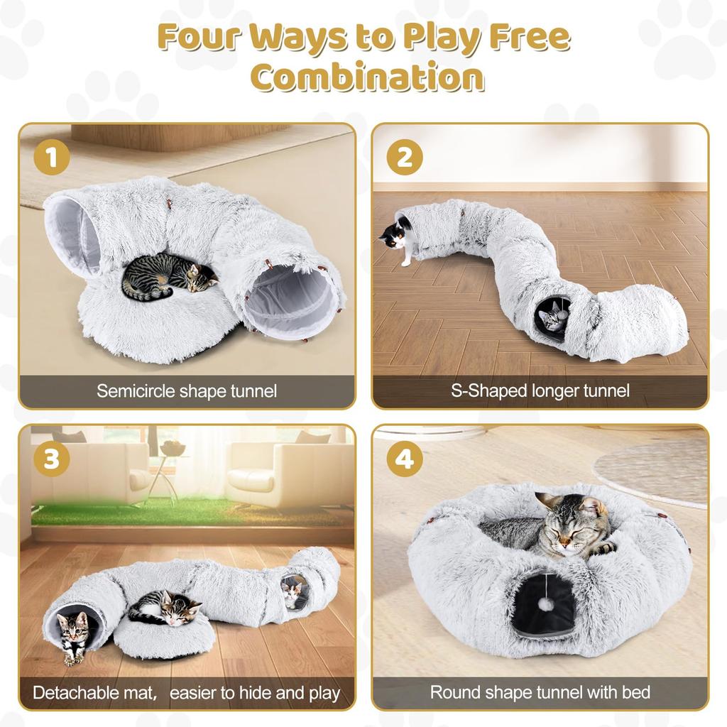 Odoland 85 cm Katzentunnel Donut, 160 cm lang, S, Katzentunnel mit Katzenspielzeug für kleine und große Katzen, grau, Bett, Form, Kissen, flauschig, zum Spielen, Trainieren,
