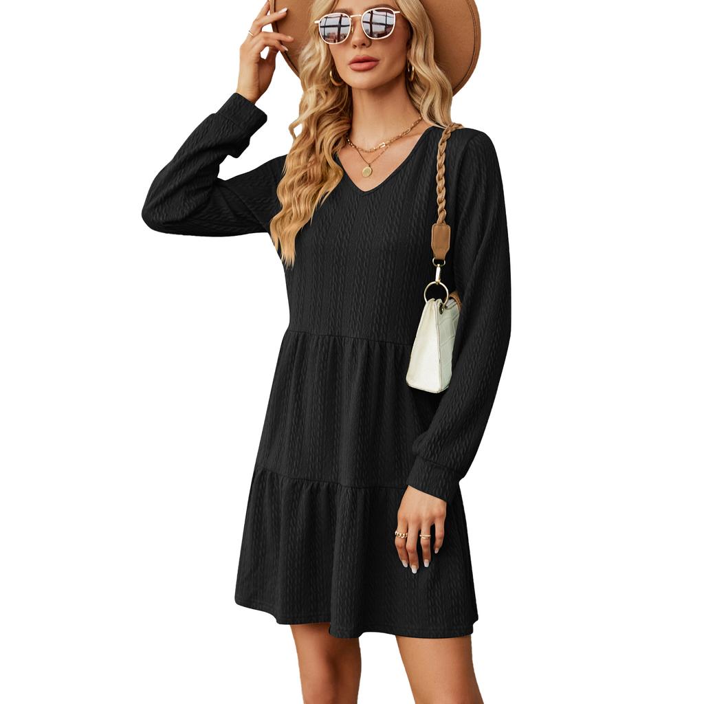 Spring and Autumn Women's Dress Solid Color V-Neck Splicing Long Sleeve Loose Dress A-line Dresses