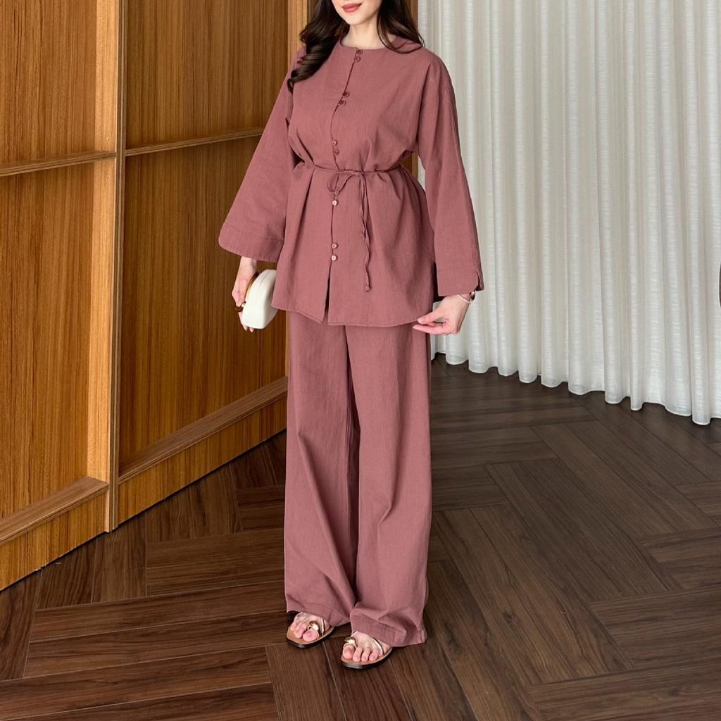 European and Women's New Button Crew Neck Long Sleeve Lace Up Waist Top Wide Leg Pants Casual Suit
