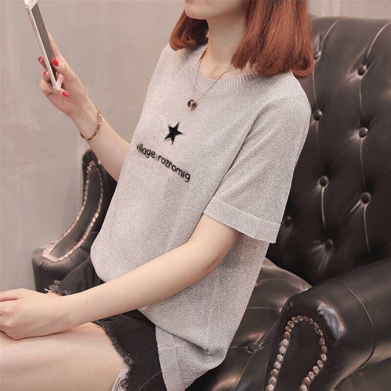 Damen Ice Silk Kurzarm T-Shirt Sommer Strickhemd Halbarm Top Ins Damenmode Kurzarm