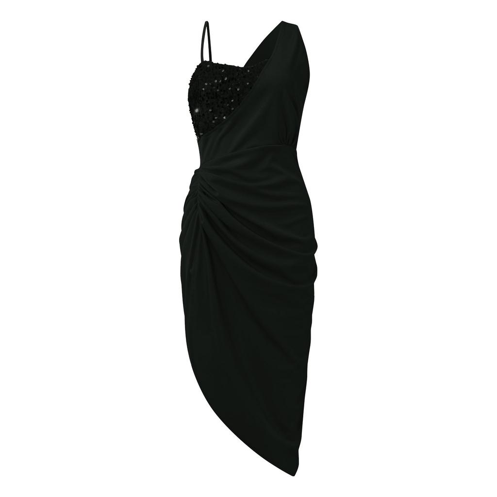 Damen-Abendkleid, einfarbig, sexy, mit Pailletten, Schlitz, Maxi, gesmokt, One-Shoulder-Abendkleid