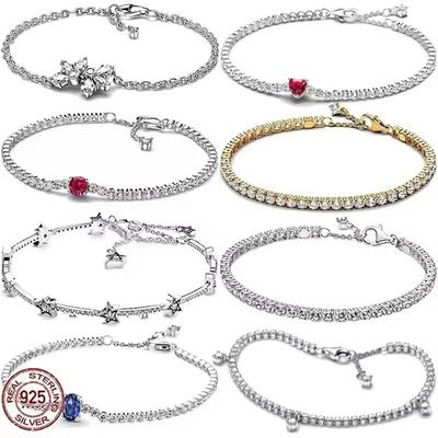 New 925 Silver Women's Classic Sparkling Zircon Tennis Bracelet Heart-shaped Snowflake Delicate Bracelet Women's Gift