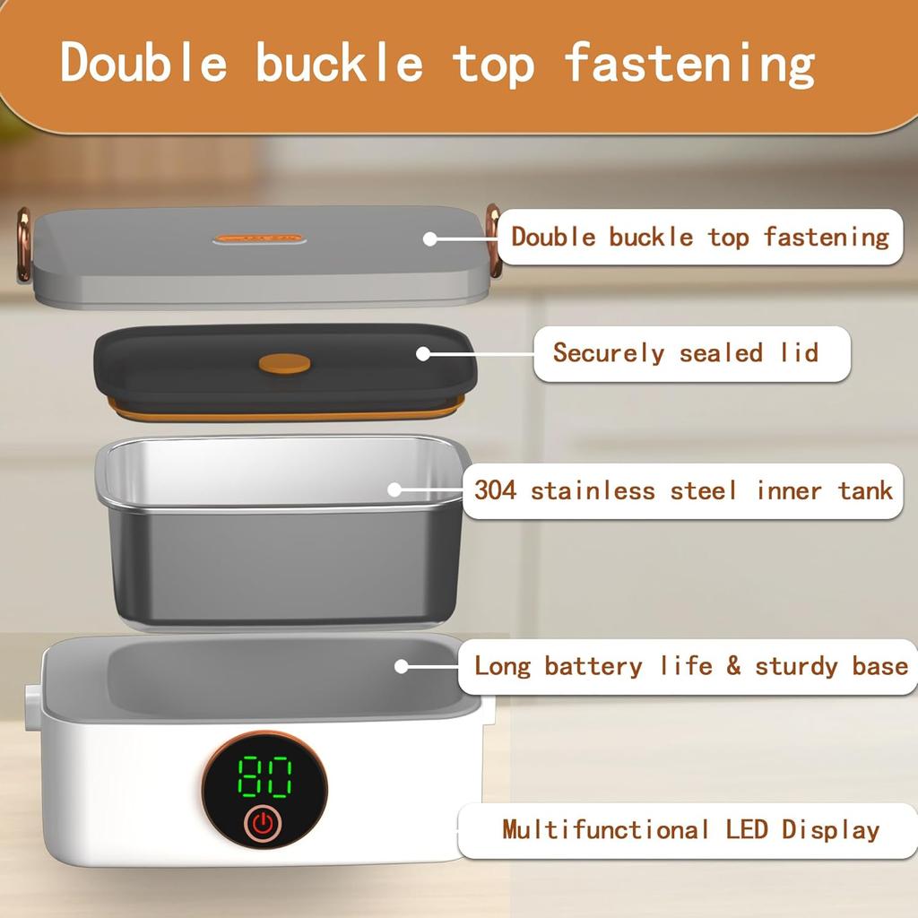 Portable Wireless Heated Lunch Box for Adults, 16000mAh Rechargeable, 1000ml, Ideal for Travel, Outdoor, Office