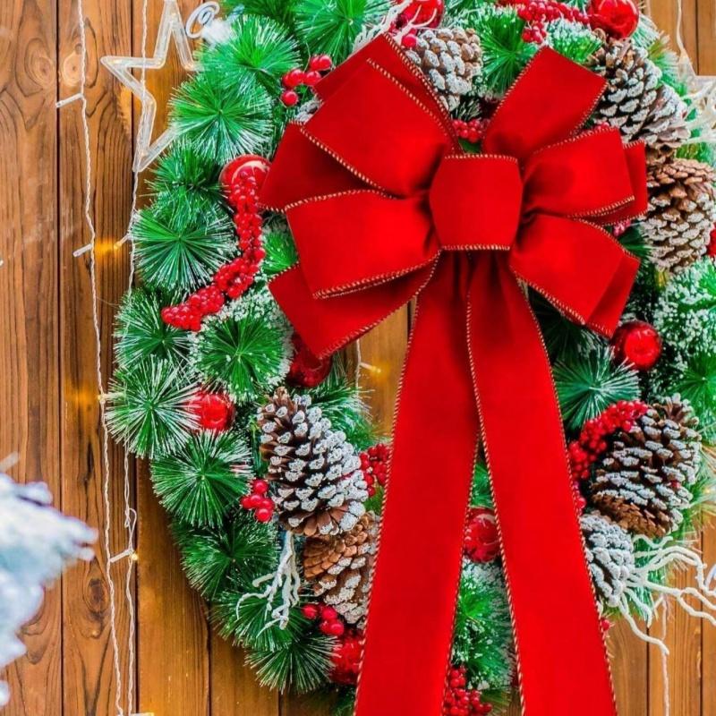 1 Piece of Red Christmas Wreath, Bow, Outdoor Decoration, Velvet Sequins,reindeer Bow, Outdoor Use During the Christmas Holiday