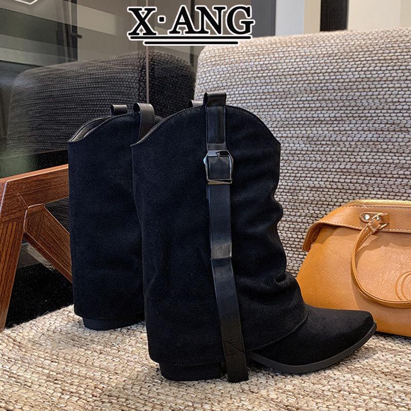 Cowhide Version Pointed Thick Heel Thin Trouser Boots Women's Retro Western Cowboy Boots Women's Maillard Brown Knight Boots