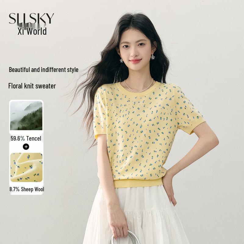 Sllsky Women s Floral Print Knit Short Sleeve T-Shirt S