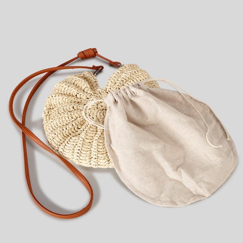 Niedliche handgewebte Strohtasche Häkel-Muschel-Kordelzugtasche PU-Schulterriemen Umhängetasche Sommer-Strandtasche