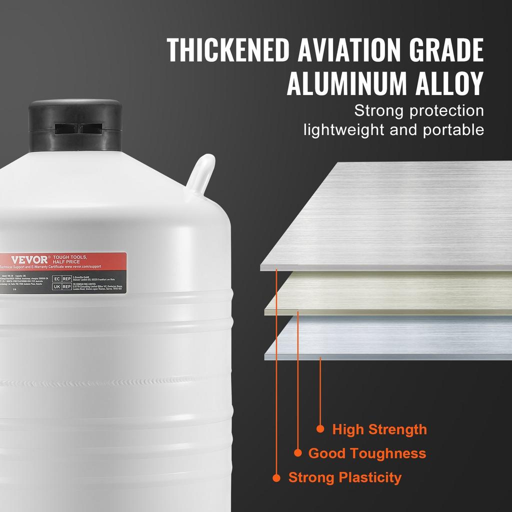 VEVOR Liquid Nitrogen Tank, 30 L Aluminum Alloy Liquid Nitrogen Container, LN2 Tank Dewar with 6 Canisters and Carry Bag with Straps