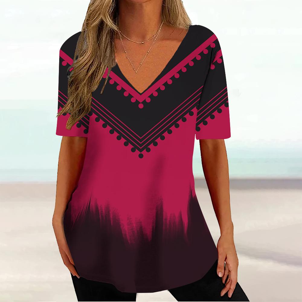 Summer V-neck 3D Geometric Striped Printed Top Fashionable Casual Short Sleeved Women's T-shirts