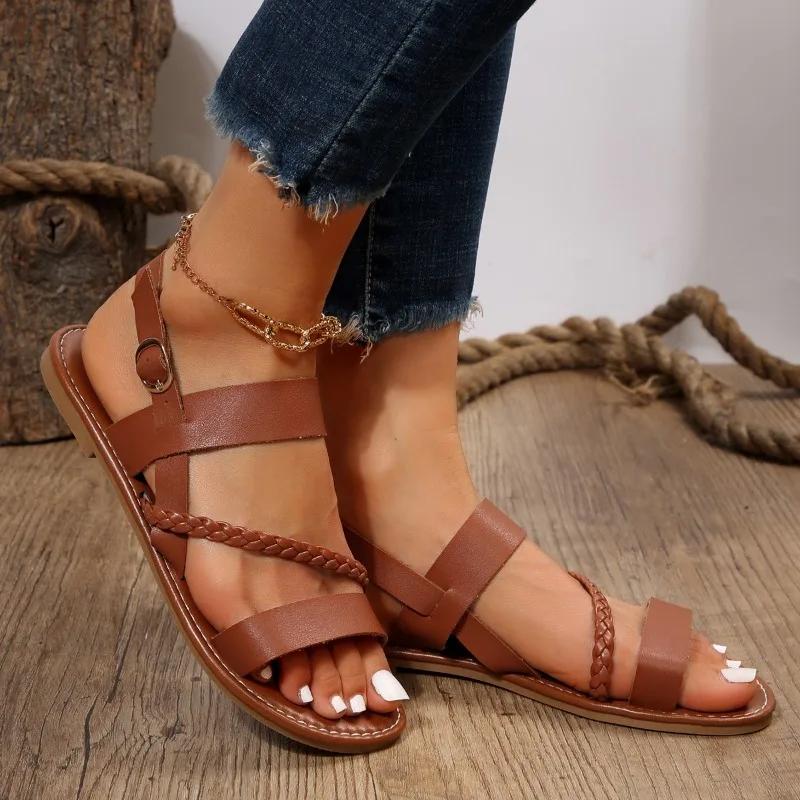 Low Heel Square Heel Gladiator Buckle Strap Solid 2024 High Quality Women's Shoes Shallow Back Strap Novelty Women's Sandals