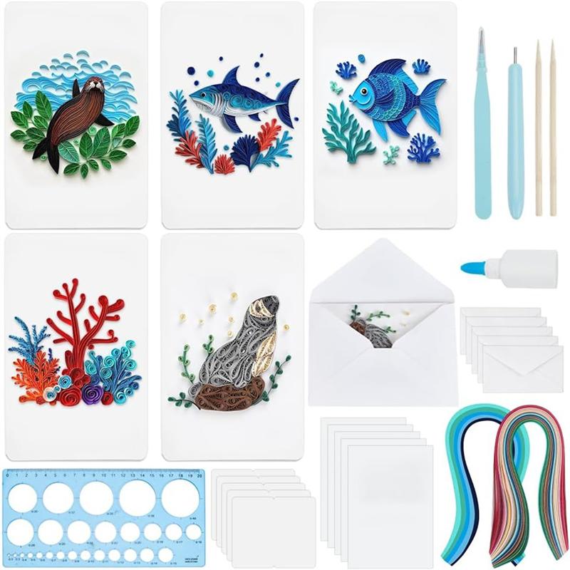 

M-Modern-Summer Greeting Card DIY Kit 20 Sets DIY Sea Animal Theme 5 Styles Paper-Quilling Tools- Dolphins,Fish Sea Turtles