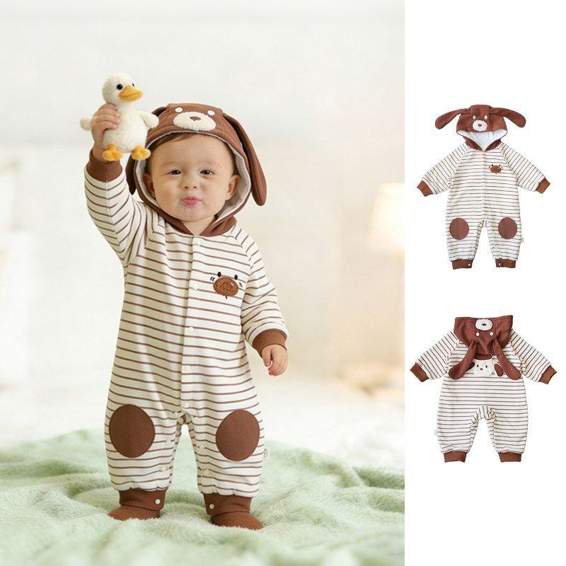 

Spring and Autumn Striped Puppy Onesie for Boys and Girls, Hooded Cartoon Striped Infant Super Cute Double-Layered Romper Cafe 66