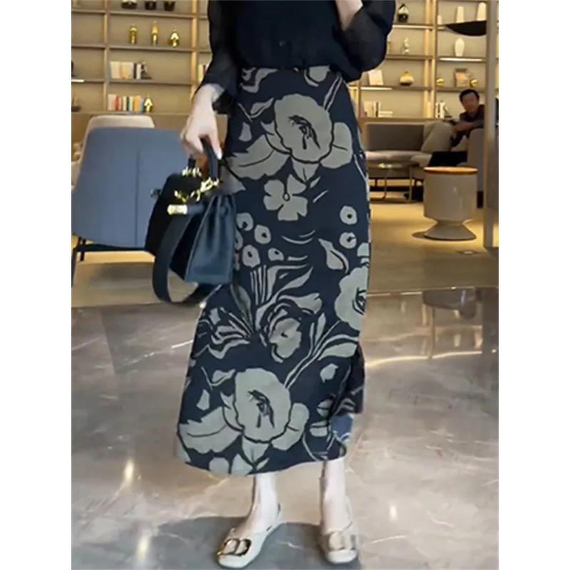 

Women s Black White Floral Print High Waist Maxi Skirt Satin-Like Fabric Slim Fit Elegant Long Skirt L