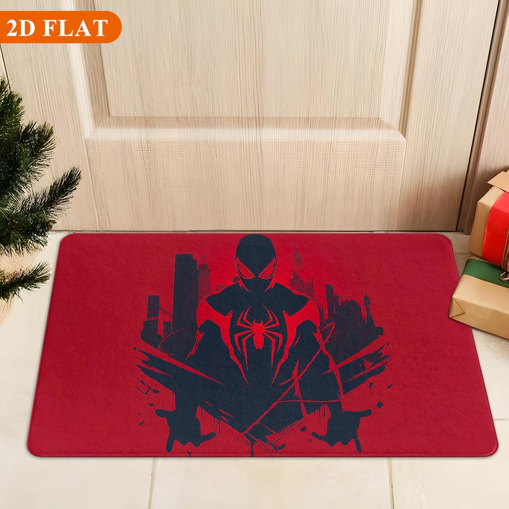 Bath Mat 1pc, Spiderman Shadow Red City, MARVEL Flannel Rectangular Mat, Bathroom Non-slip Entrance Mat, Fun Door Decoration M